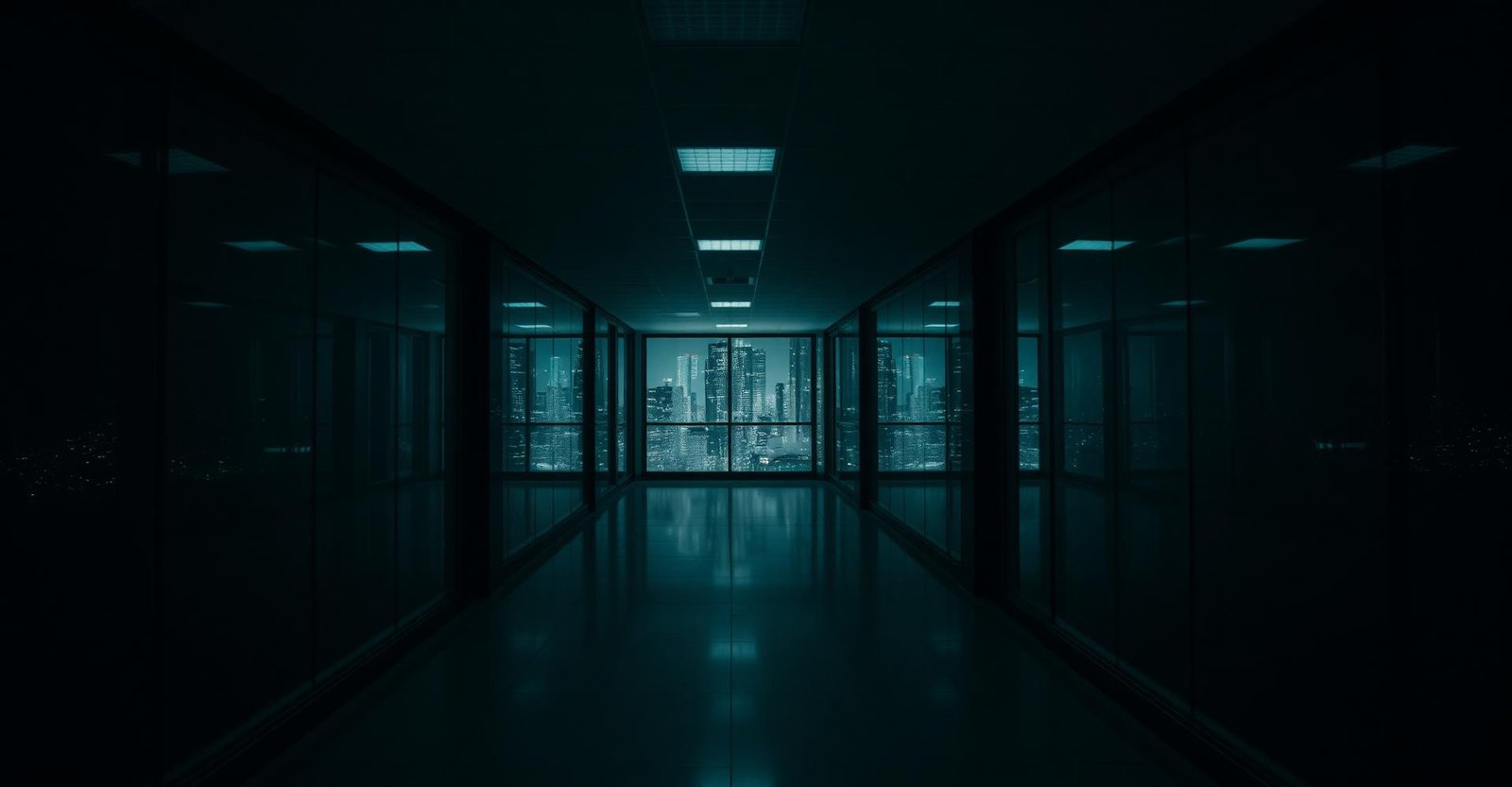 Dim glass-walled agency corridor overlooking a city skyline at night