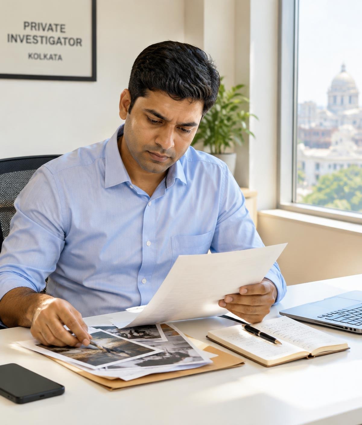 Private investigator studying a case file in a bright Kolkata office