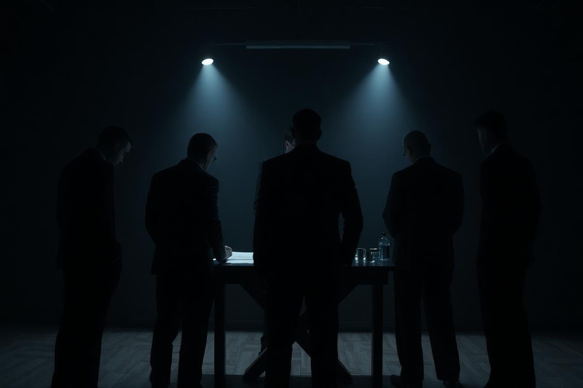 Team of investigators reviewing evidence around a lit table