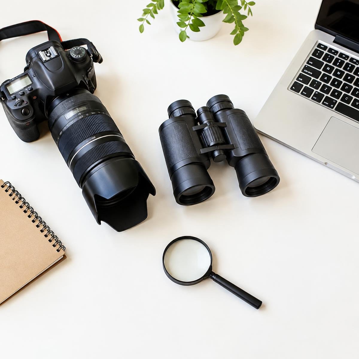 Professional camera, binoculars and laptop arranged neatly on a bright desk