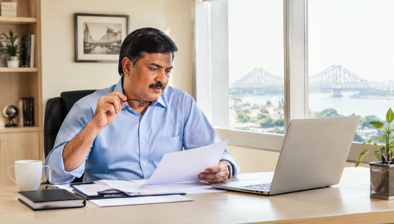 Experienced private investigator reviewing case documents in a bright Kolkata office