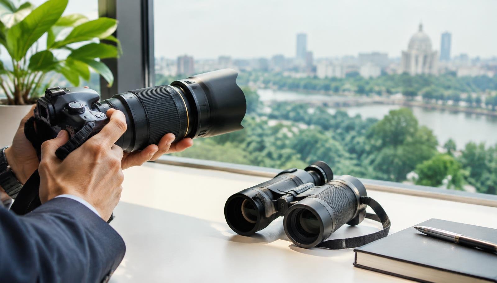 Professional telephoto camera and binoculars overlooking the Kolkata skyline