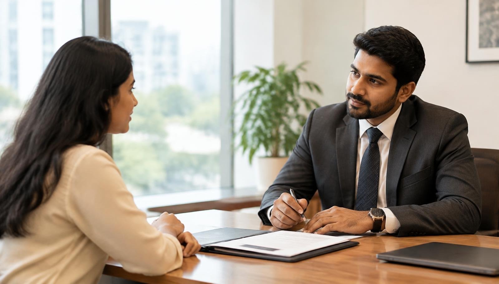 Confidential client consultation with an investigator in a bright modern office
