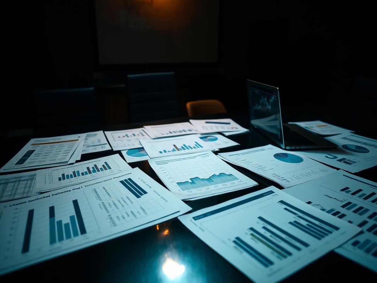Financial documents and analysis spread across a dark boardroom table